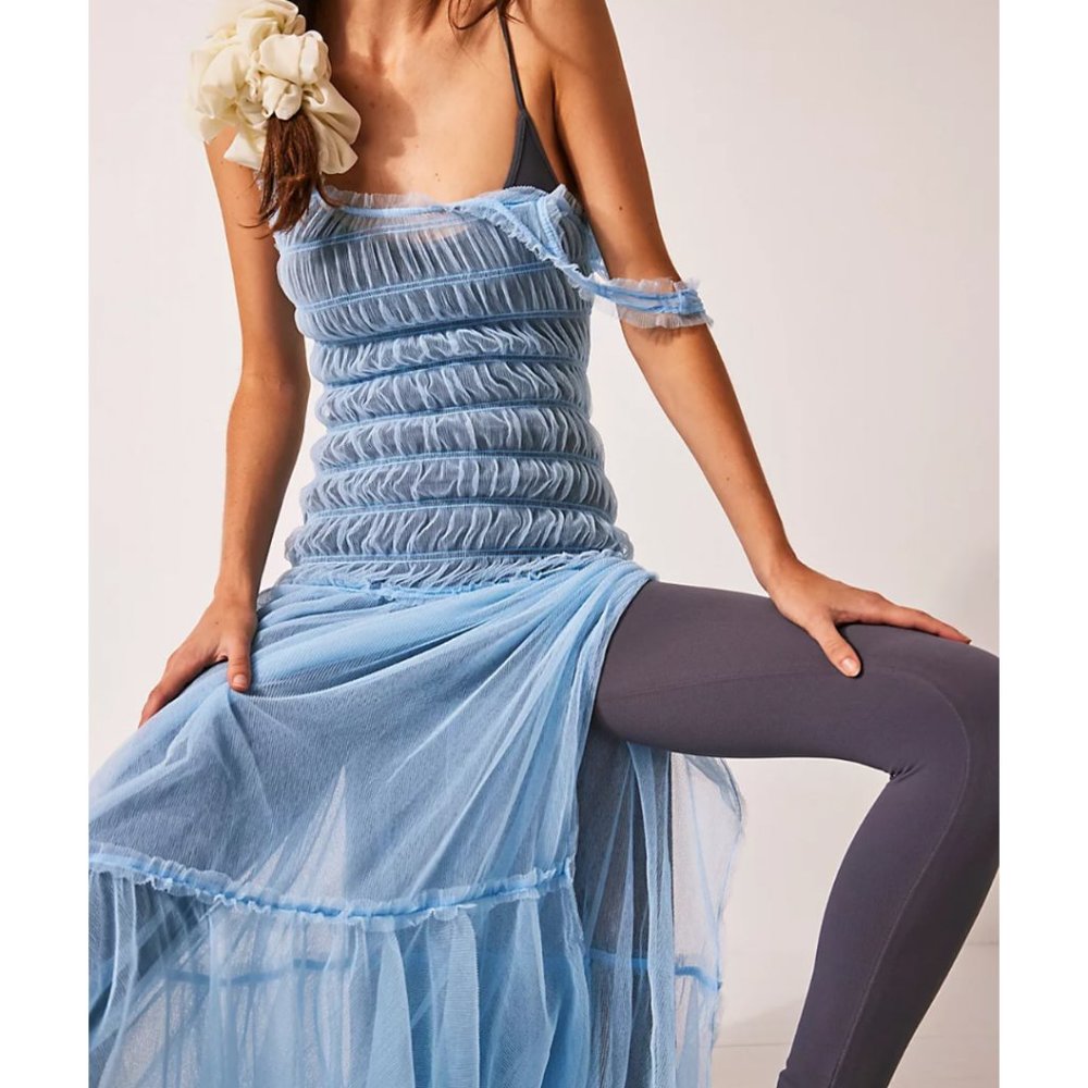 NWT Free People Smock About It Slip Dress โ Blue "Lake Life" Small | Sheer Maxi - Picture 6 of 8